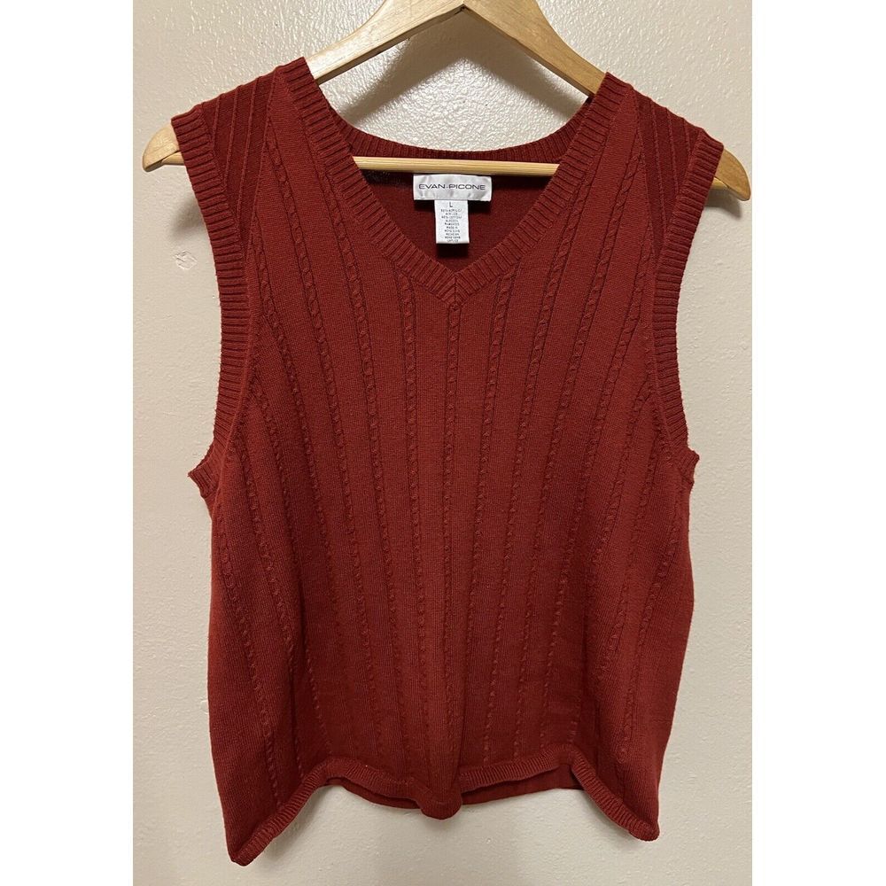Vtg‎ Evan-Picone V-Neck Sweater Vest Rust Brick Red Cable Knit Cotton Blend Sz L